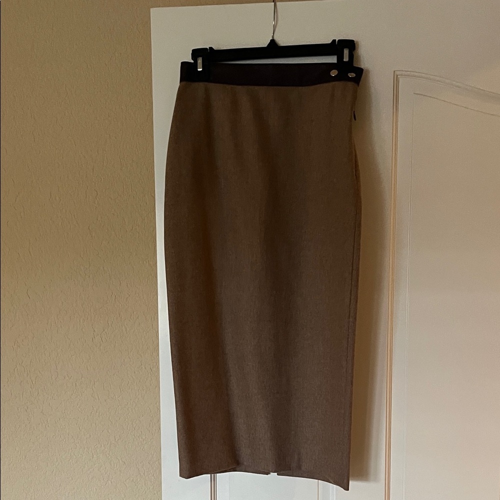 D&G Classic Brown wool Pencil Skirt w/ leather trim
